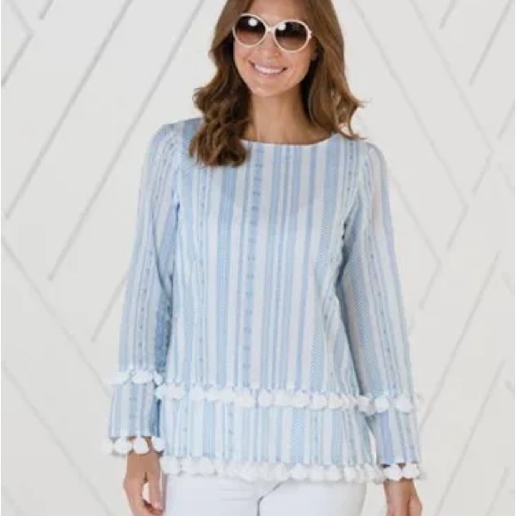 SAIL to SABLE white with blue stripes cotton blouse with pom poms  size Large - Picture 3 of 11